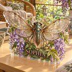 Artwork visualization: Cicada summer garden — reading nook decor, personalized SOPHIA, subject-shaped acrylic with printed optical 3D depth; not carved relief.
