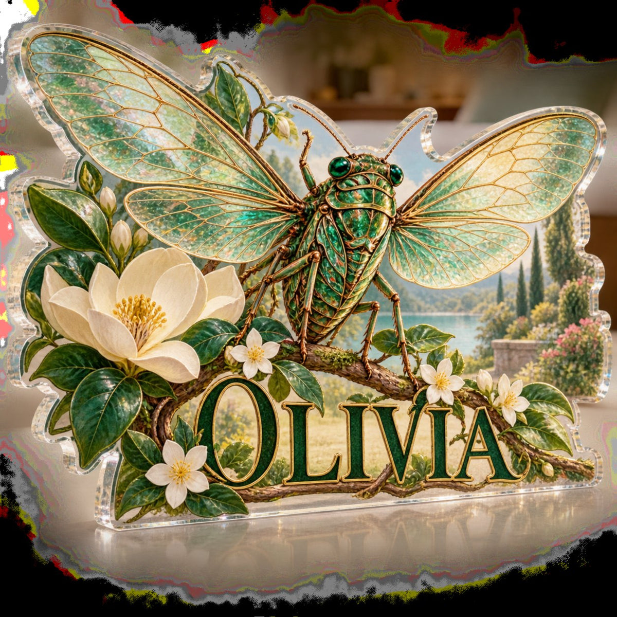 Personalized Cicada Summer Garden Bedroom Statement Decor custom shape acrylic plaque with an example name set into the artwork, digital preview