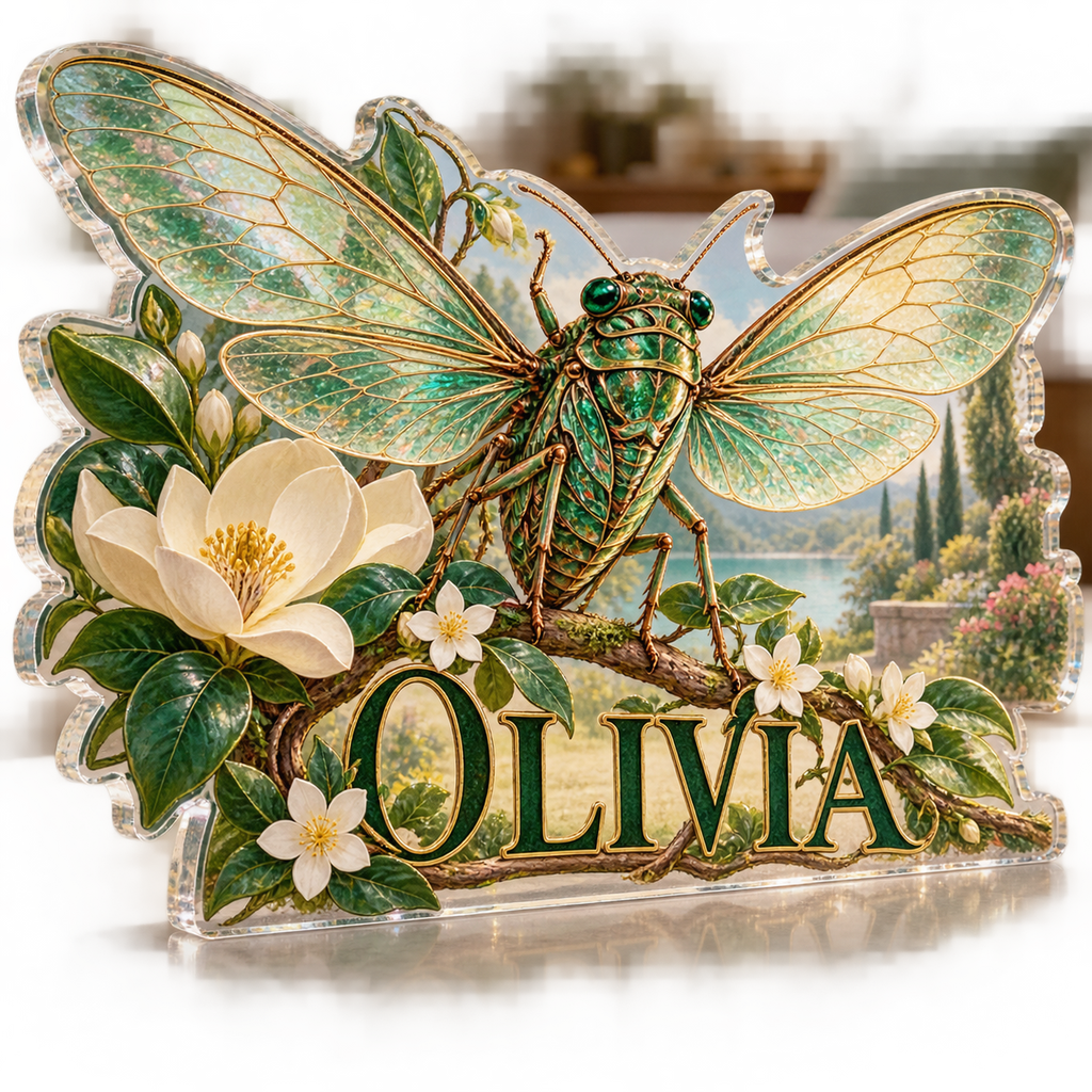 Artwork visualization: Cicada summer garden — bedroom statement decor, personalized OLIVIA, subject-shaped acrylic with printed optical 3D depth; not carved relief.