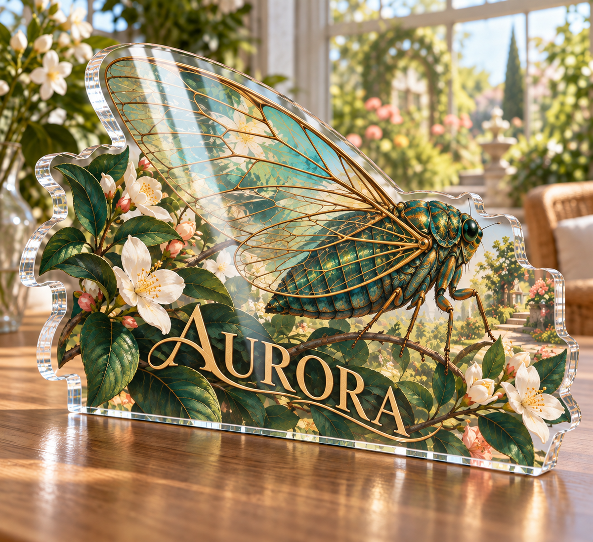 Artwork visualization: Cicada summer garden — personalized housewarming, personalized AURORA, subject-shaped acrylic with printed optical 3D depth; not carved relief.