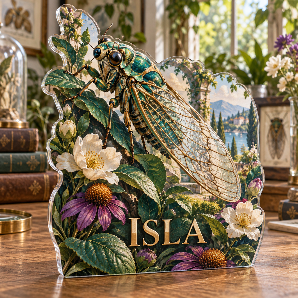 Artwork visualization: Cicada summer garden — collector birthday keepsake, personalized ISLA, subject-shaped acrylic with printed optical 3D depth; not carved relief.