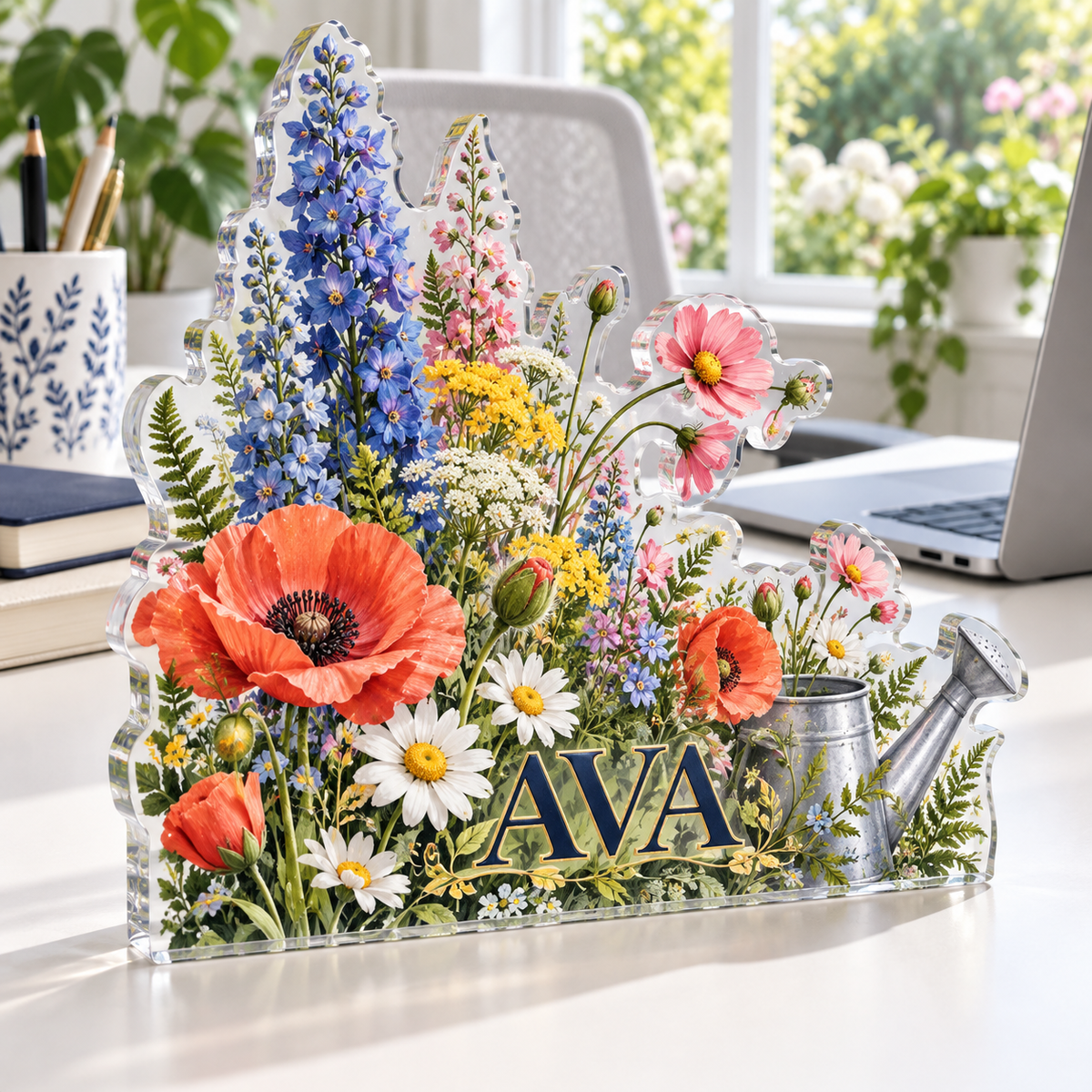 Artwork visualization: Wildflower desk garden — home office desk refresh, personalized AVA, subject-shaped acrylic with printed optical 3D depth; not carved relief.