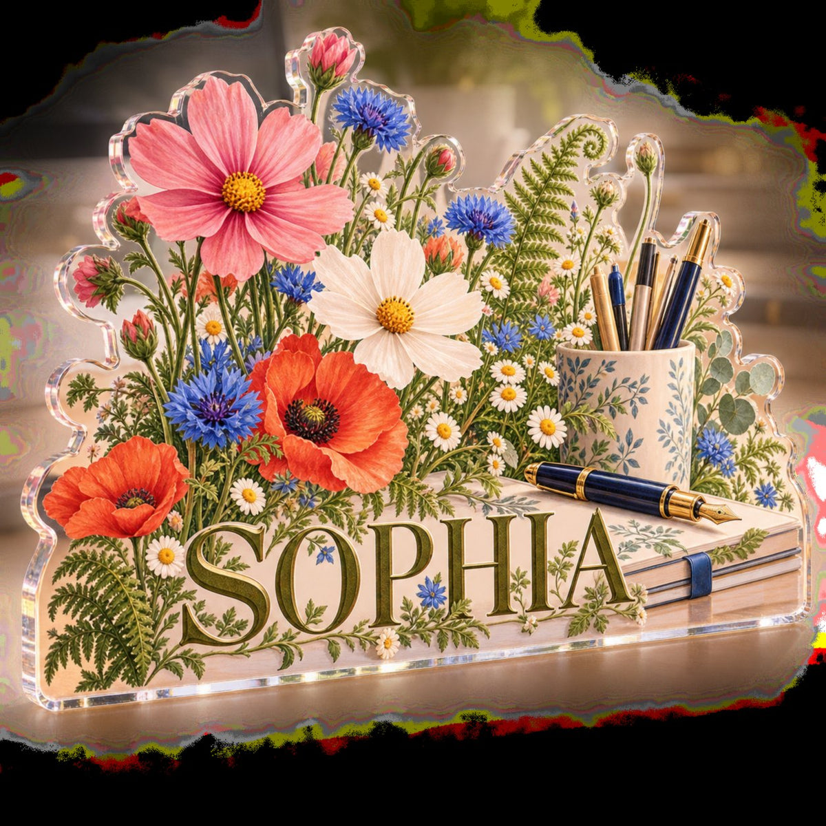Personalized Wildflower Desk Garden Workstation custom shape acrylic plaque with an example name set into the artwork, digital preview