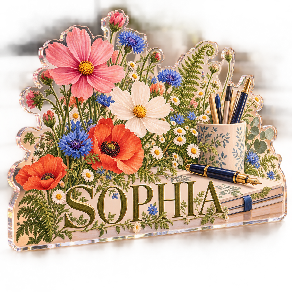 Artwork visualization: Wildflower desk garden — personalized workstation, personalized SOPHIA, subject-shaped acrylic with printed optical 3D depth; not carved relief.