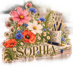 Artwork visualization: Wildflower desk garden — personalized workstation, personalized SOPHIA, subject-shaped acrylic with printed optical 3D depth; not carved relief.