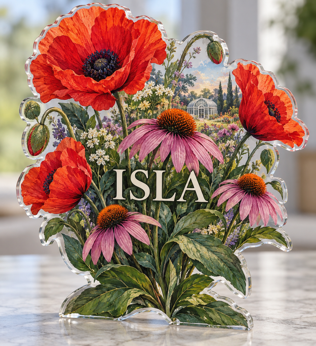 Artwork visualization: Wildflower desk garden — student study space, personalized ISLA, subject-shaped acrylic with printed optical 3D depth; not carved relief.