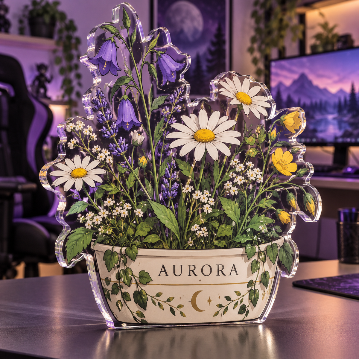 Artwork visualization: Wildflower desk garden — gaming room wall, personalized AURORA, subject-shaped acrylic with printed optical 3D depth; not carved relief.