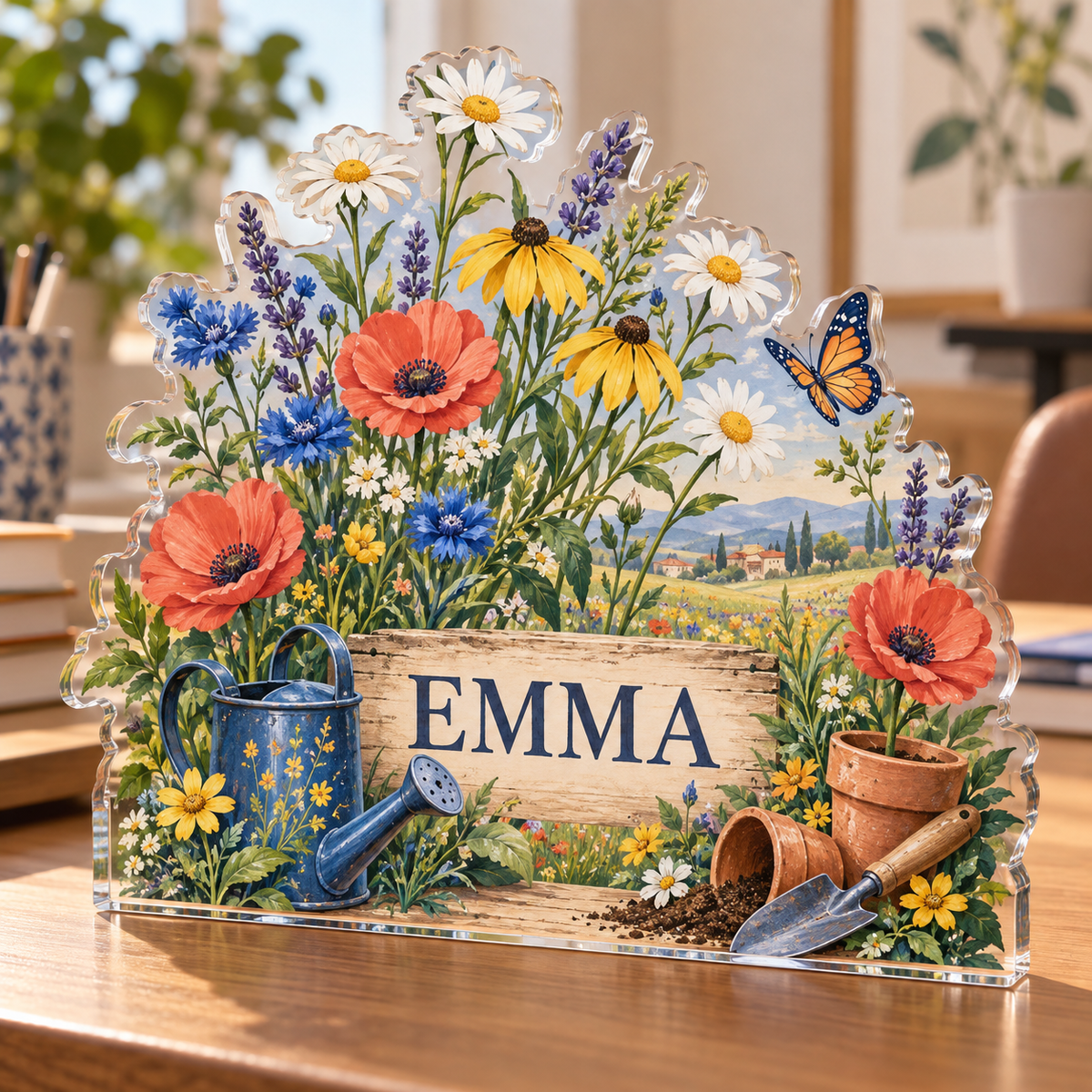 Artwork visualization: Wildflower desk garden — coordinated office wall, personalized EMMA, subject-shaped acrylic with printed optical 3D depth; not carved relief.