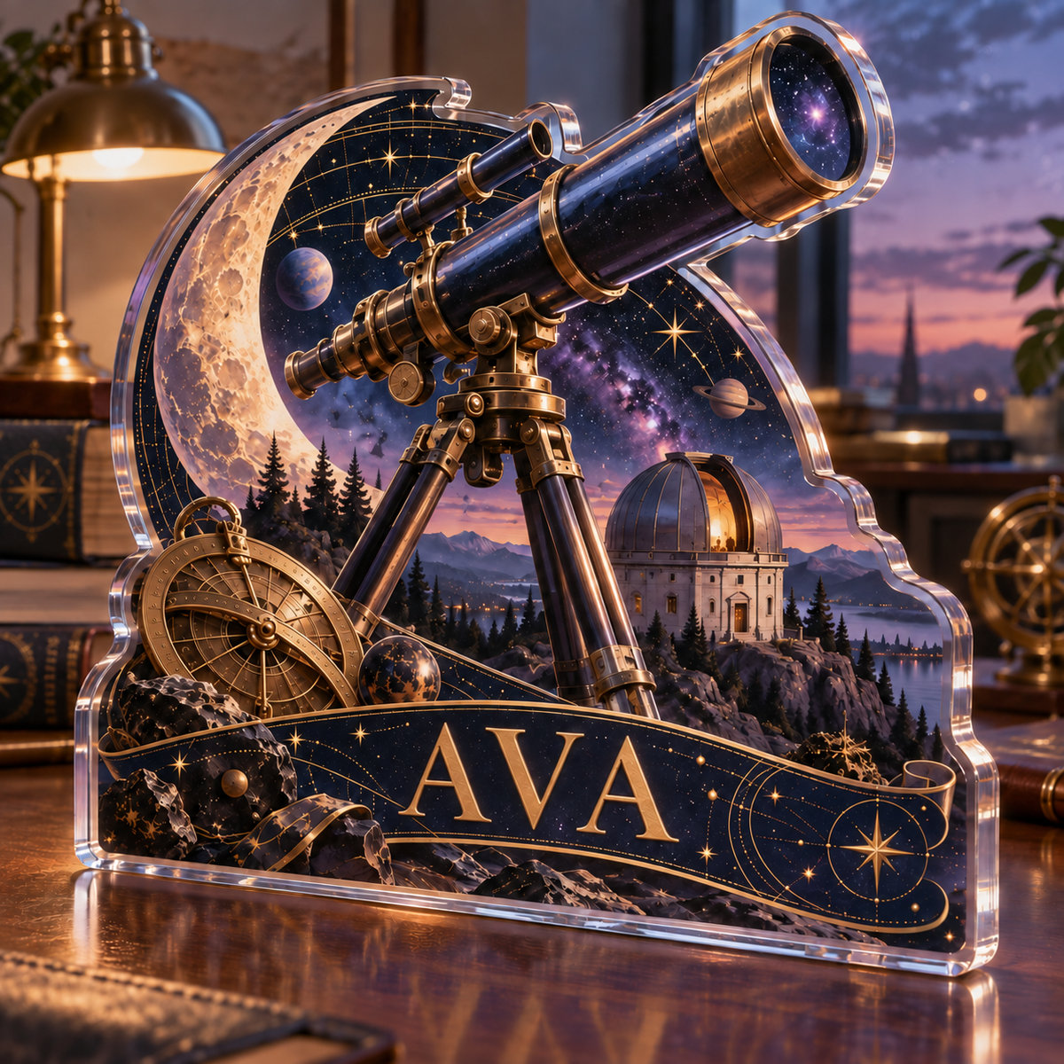 Artwork visualization: Celestial desk observatory — home office desk refresh, personalized AVA, subject-shaped acrylic with printed optical 3D depth; not carved relief.