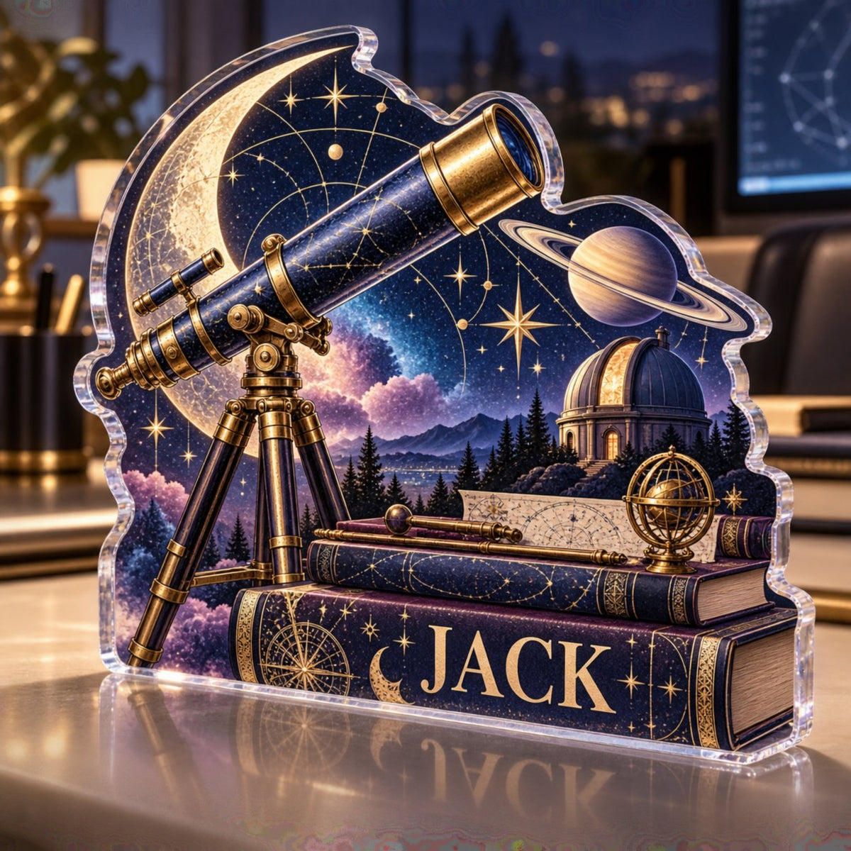 Personalized Celestial Desk Observatory Workstation custom shape acrylic plaque with an example name set into the artwork, digital preview
