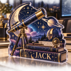 Artwork visualization: Celestial desk observatory — personalized workstation, personalized JACK, subject-shaped acrylic with printed optical 3D depth; not carved relief.