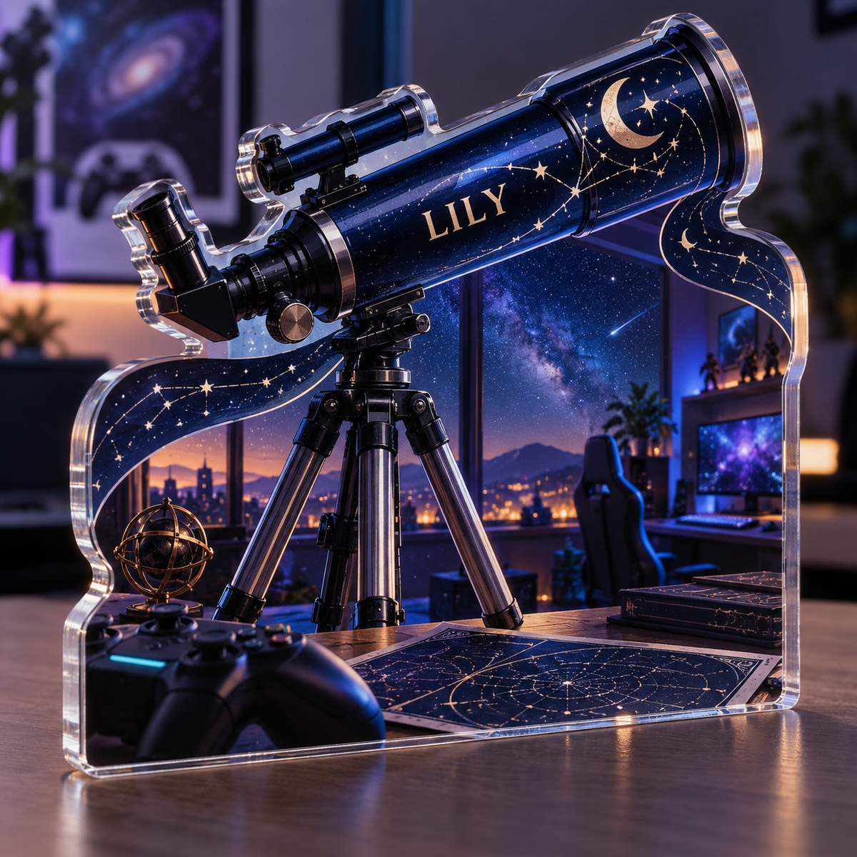 Artwork visualization: Celestial desk observatory — gaming room wall, personalized LILY, subject-shaped acrylic with printed optical 3D depth; not carved relief.