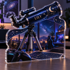 Artwork visualization: Celestial desk observatory — gaming room wall, personalized LILY, subject-shaped acrylic with printed optical 3D depth; not carved relief.