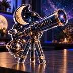 Artwork visualization: Celestial desk observatory — streaming backdrop, personalized SOPHIA, subject-shaped acrylic with printed optical 3D depth; not carved relief.