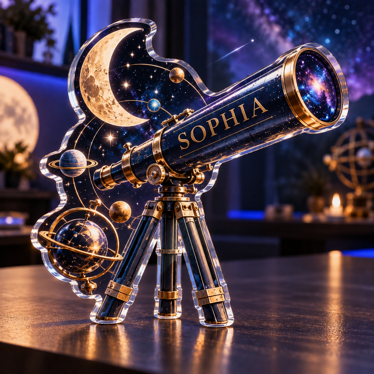 Artwork visualization: Celestial desk observatory — streaming backdrop, personalized SOPHIA, subject-shaped acrylic with printed optical 3D depth; not carved relief.