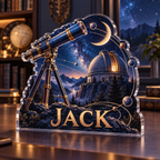 Artwork visualization: Celestial desk observatory — coordinated office wall, personalized JACK, subject-shaped acrylic with printed optical 3D depth; not carved relief.