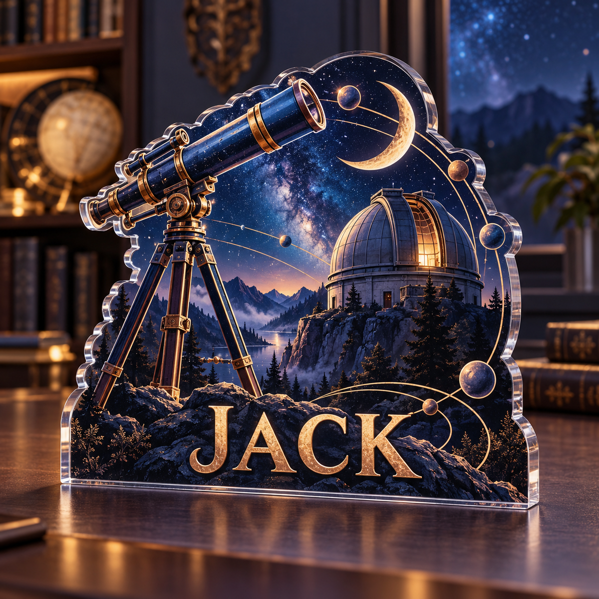 Artwork visualization: Celestial desk observatory — coordinated office wall, personalized JACK, subject-shaped acrylic with printed optical 3D depth; not carved relief.