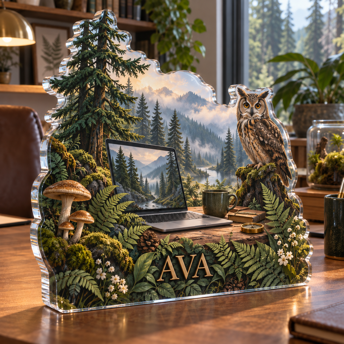 Artwork visualization: Forest workstation — home office desk refresh, personalized AVA, subject-shaped acrylic with printed optical 3D depth; not carved relief.