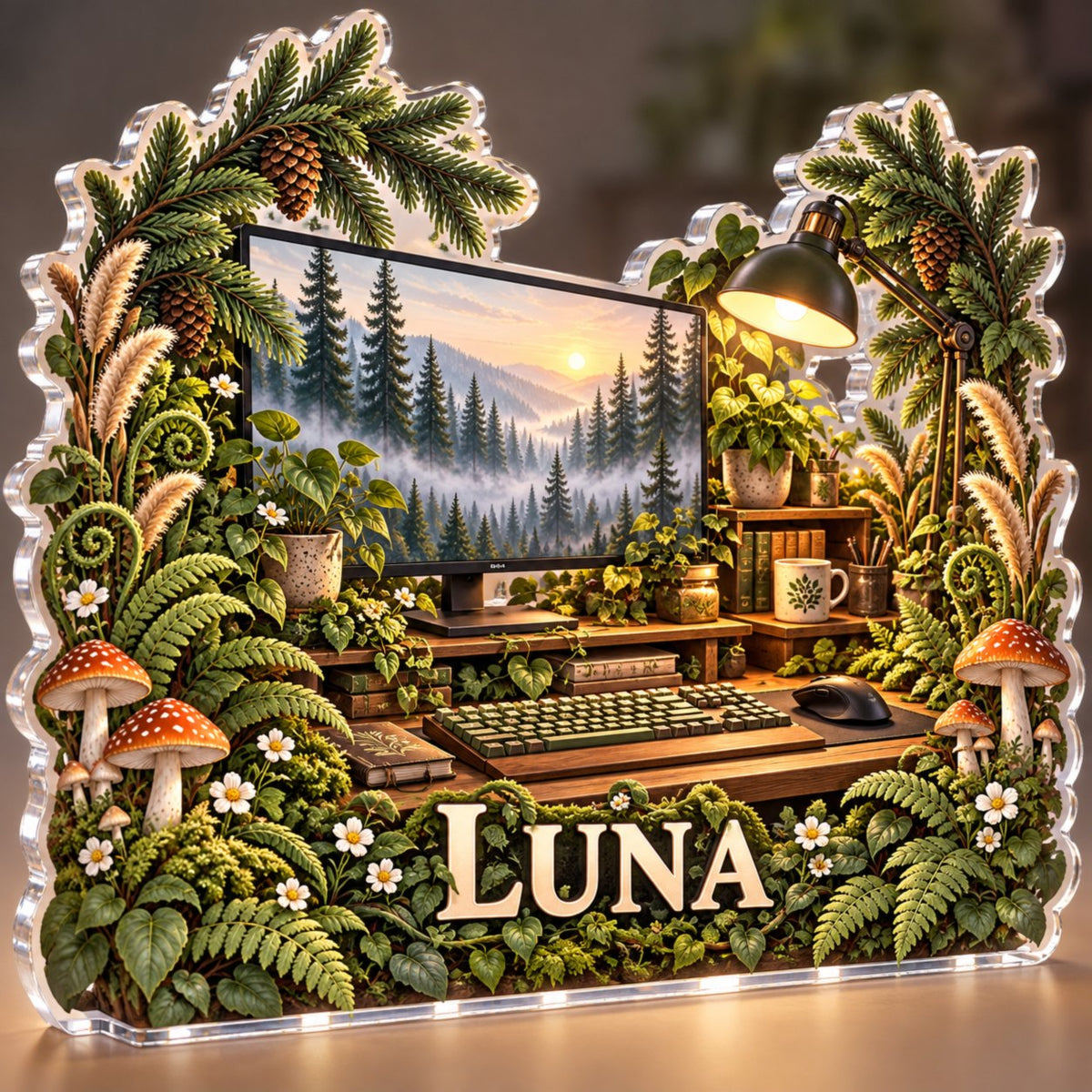 Personalized Forest Workstation Workstation custom shape acrylic plaque with an example name set into the artwork, digital preview