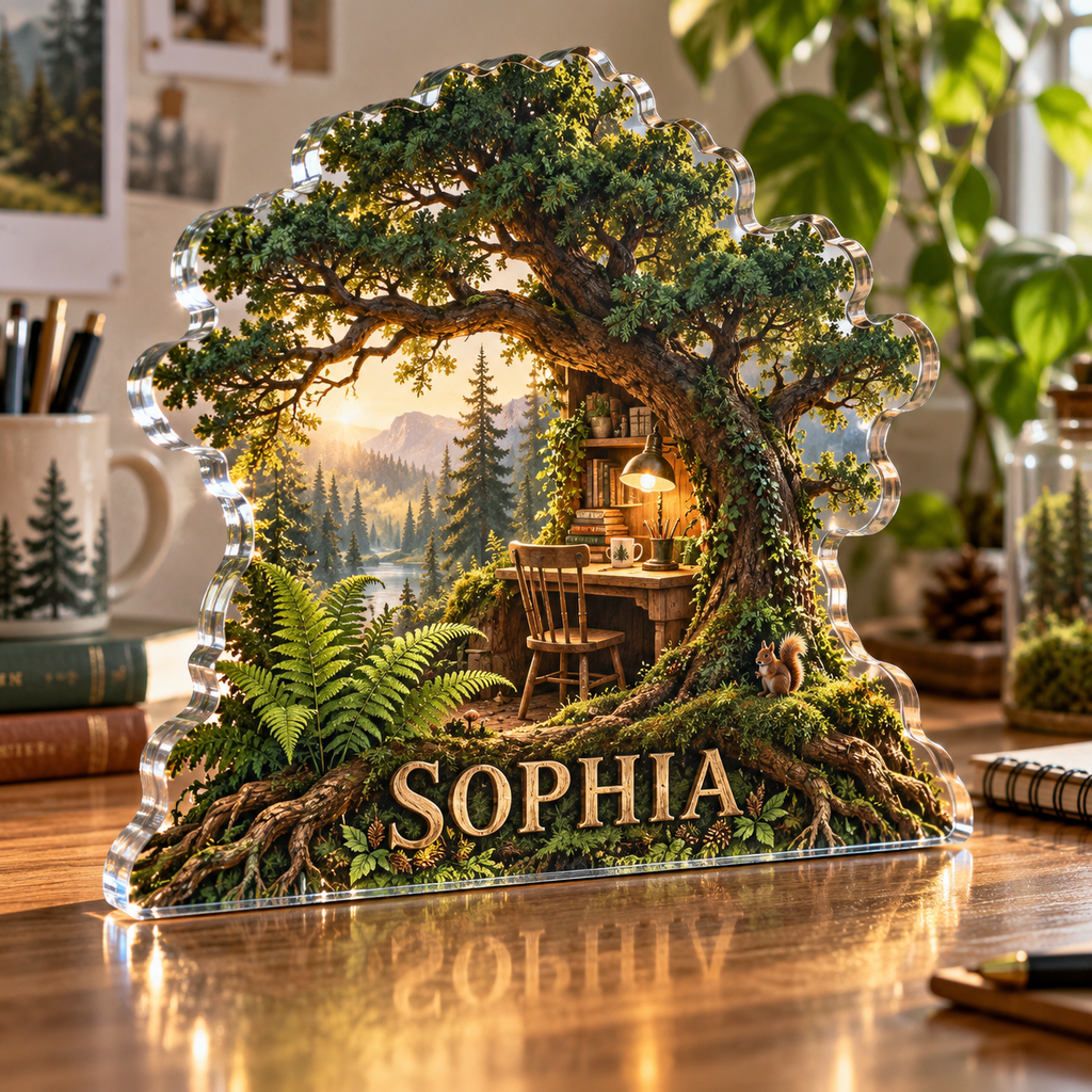 Artwork visualization: Forest workstation — student study space, personalized SOPHIA, subject-shaped acrylic with printed optical 3D depth; not carved relief.