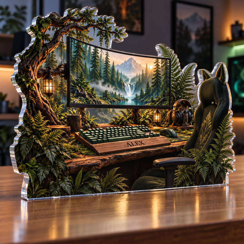 Artwork visualization: Forest workstation — gaming room wall, personalized ALEX, subject-shaped acrylic with printed optical 3D depth; not carved relief.
