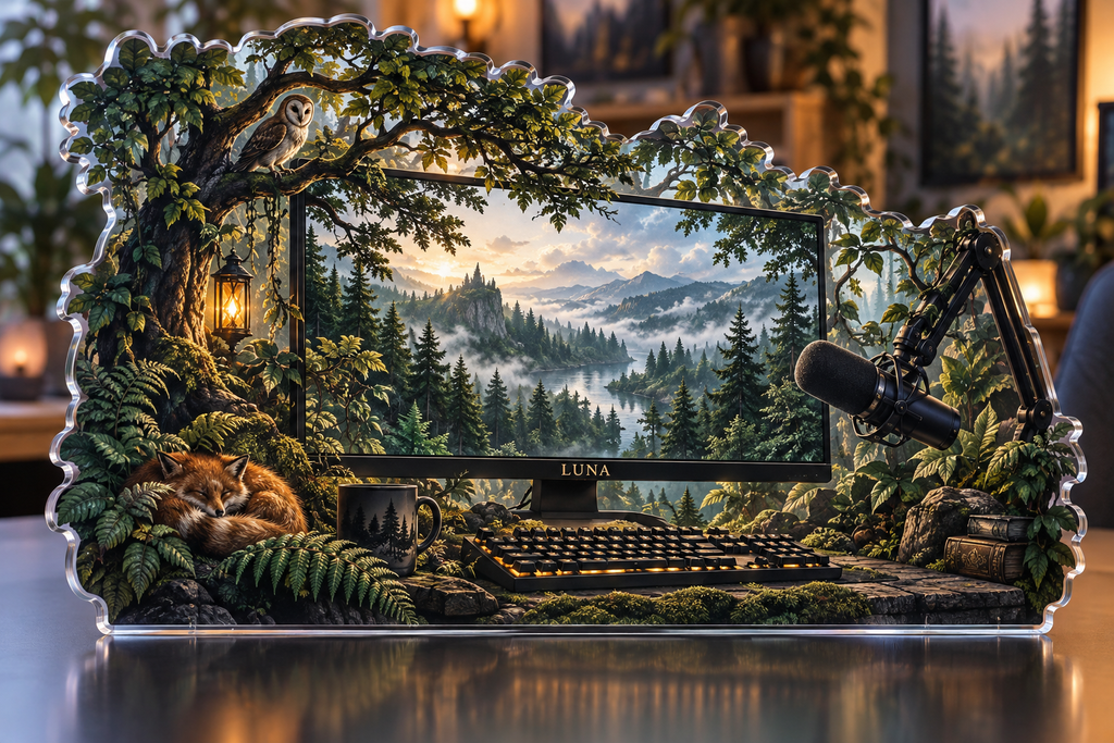 Artwork visualization: Forest workstation — streaming backdrop, personalized LUNA, subject-shaped acrylic with printed optical 3D depth; not carved relief.