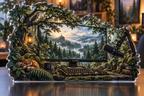 Artwork visualization: Forest workstation — streaming backdrop, personalized LUNA, subject-shaped acrylic with printed optical 3D depth; not carved relief.