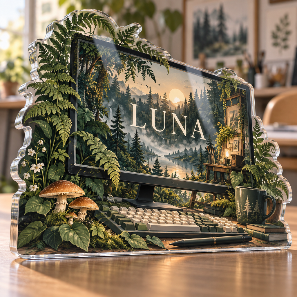 Artwork visualization: Forest workstation — creative studio gift, personalized LUNA, subject-shaped acrylic with printed optical 3D depth; not carved relief.