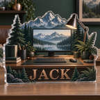 Artwork visualization: Forest workstation — coordinated office wall, personalized JACK, subject-shaped acrylic with printed optical 3D depth; not carved relief.