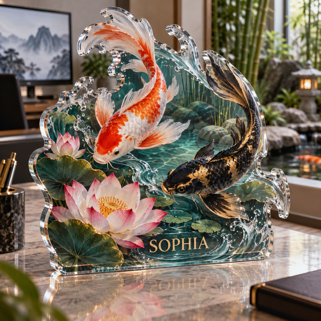 Artwork visualization: Koi desk pond — home office desk refresh, personalized SOPHIA, subject-shaped acrylic with printed optical 3D depth; not carved relief.