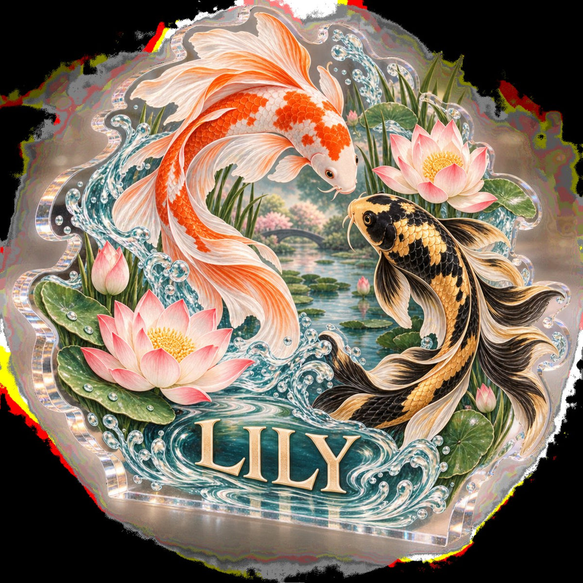 Personalized Koi Desk Pond Workstation custom shape acrylic plaque with an example name set into the artwork, digital preview