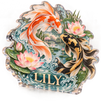 Artwork visualization: Koi desk pond — personalized workstation, personalized LILY, subject-shaped acrylic with printed optical 3D depth; not carved relief.