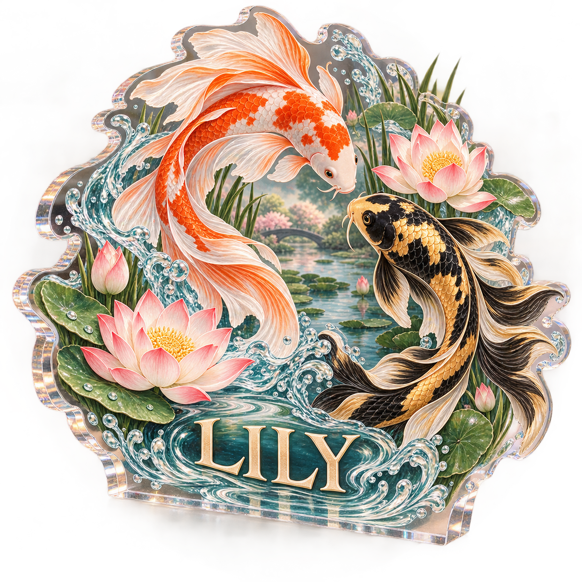 Artwork visualization: Koi desk pond — personalized workstation, personalized LILY, subject-shaped acrylic with printed optical 3D depth; not carved relief.