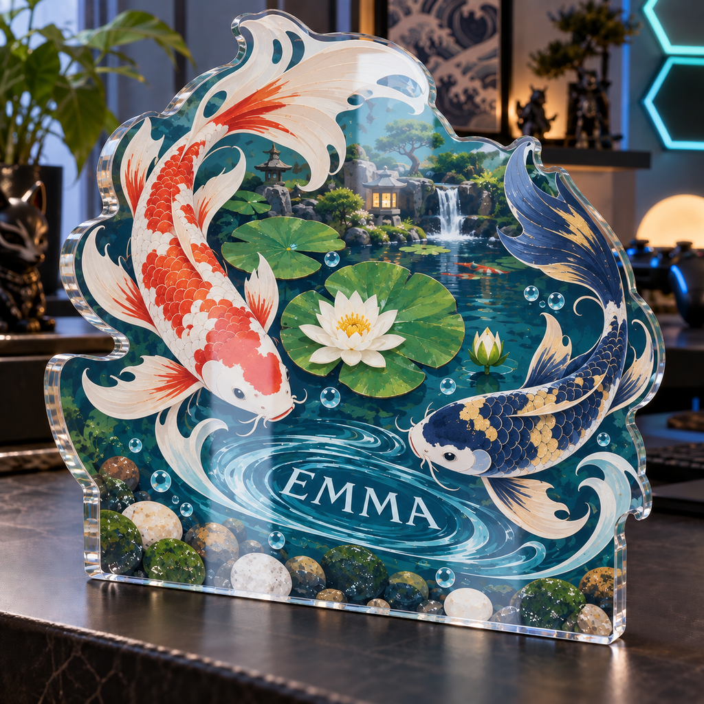 Artwork visualization: Koi desk pond — gaming room wall, personalized EMMA, subject-shaped acrylic with printed optical 3D depth; not carved relief.