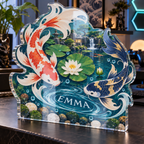 Artwork visualization: Koi desk pond — gaming room wall, personalized EMMA, subject-shaped acrylic with printed optical 3D depth; not carved relief.