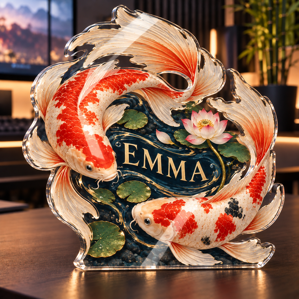 Artwork visualization: Koi desk pond — streaming backdrop, personalized EMMA, subject-shaped acrylic with printed optical 3D depth; not carved relief.