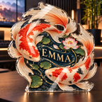 Artwork visualization: Koi desk pond — streaming backdrop, personalized EMMA, subject-shaped acrylic with printed optical 3D depth; not carved relief.