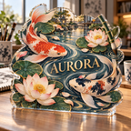 Artwork visualization: Koi desk pond — creative studio gift, personalized AURORA, subject-shaped acrylic with printed optical 3D depth; not carved relief.