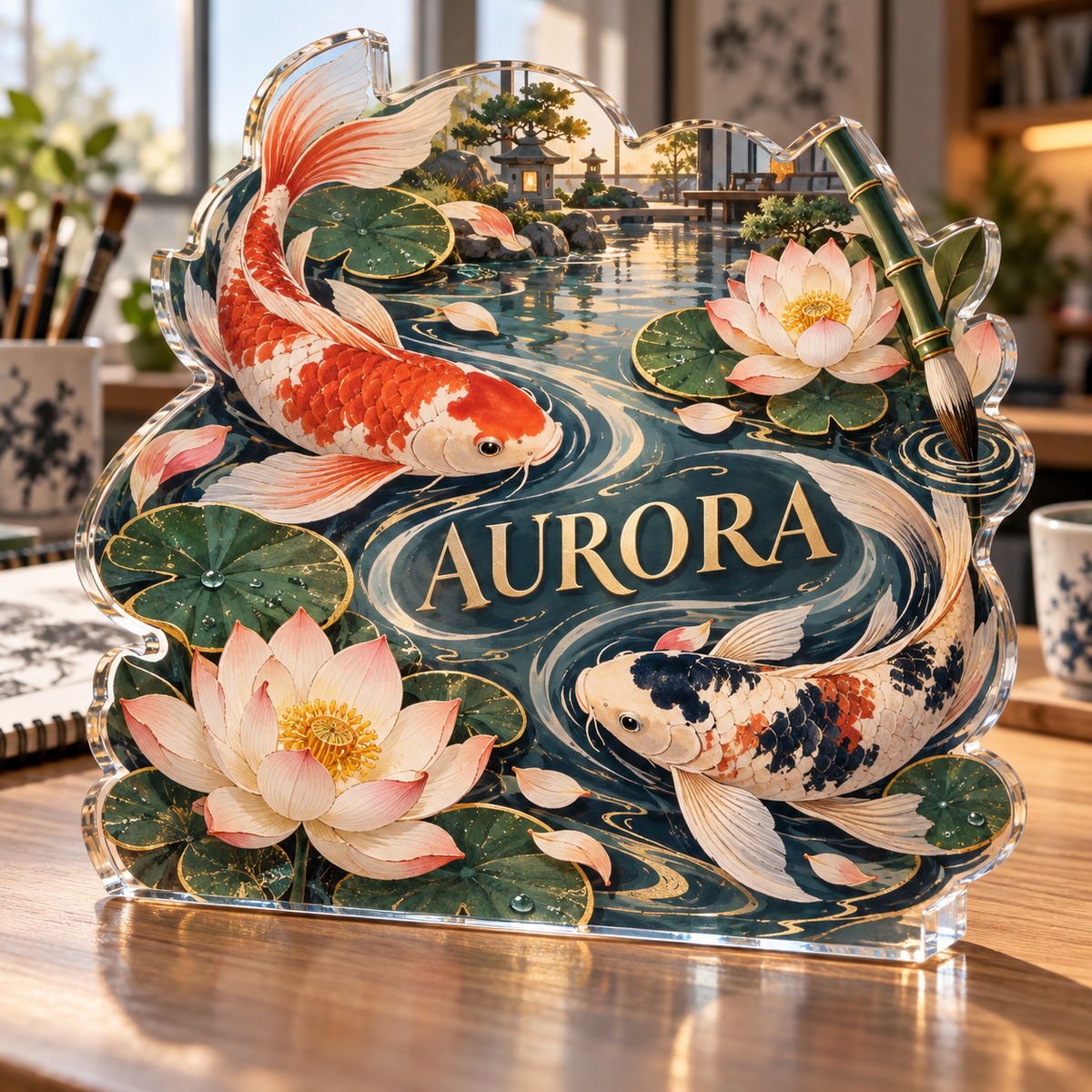 Artwork visualization: Koi desk pond — creative studio gift, personalized AURORA, subject-shaped acrylic with printed optical 3D depth; not carved relief.
