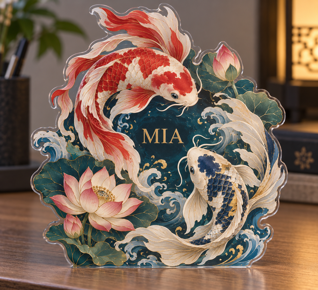 Artwork visualization: Koi desk pond — coordinated office wall, personalized MIA, subject-shaped acrylic with printed optical 3D depth; not carved relief.
