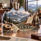 Artwork visualization: Topographic workspace — home office desk refresh, personalized LUNA, subject-shaped acrylic with printed optical 3D depth; not carved relief.