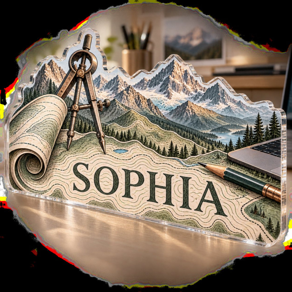 Personalized Topographic Workspace Workstation custom shape acrylic plaque with an example name set into the artwork, digital preview