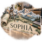 Artwork visualization: Topographic workspace — personalized workstation, personalized SOPHIA, subject-shaped acrylic with printed optical 3D depth; not carved relief.