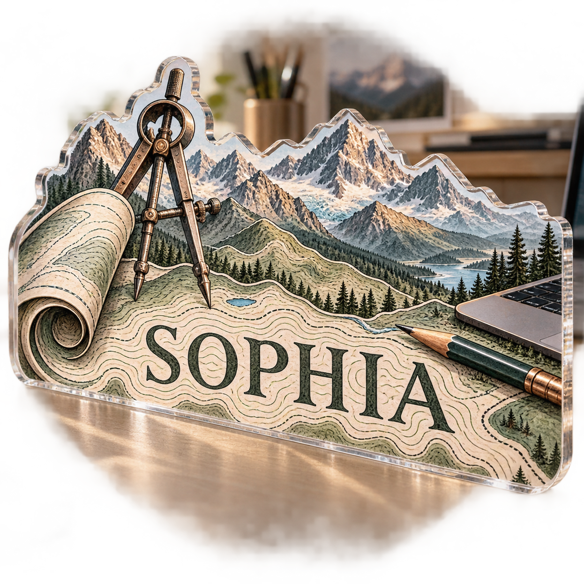 Artwork visualization: Topographic workspace — personalized workstation, personalized SOPHIA, subject-shaped acrylic with printed optical 3D depth; not carved relief.