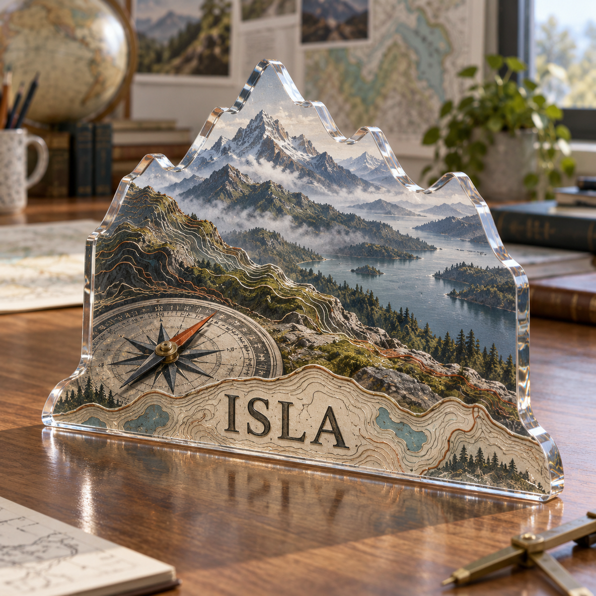 Artwork visualization: Topographic workspace — student study space, personalized ISLA, subject-shaped acrylic with printed optical 3D depth; not carved relief.