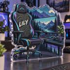 Artwork visualization: Topographic workspace — gaming room wall, personalized LILY, subject-shaped acrylic with printed optical 3D depth; not carved relief.