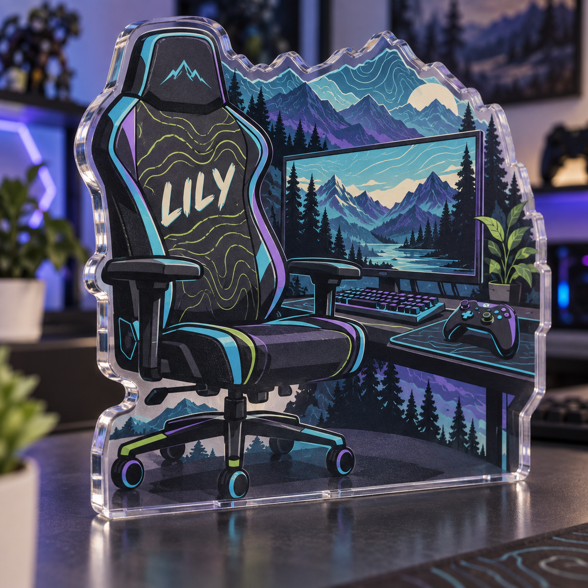 Artwork visualization: Topographic workspace — gaming room wall, personalized LILY, subject-shaped acrylic with printed optical 3D depth; not carved relief.