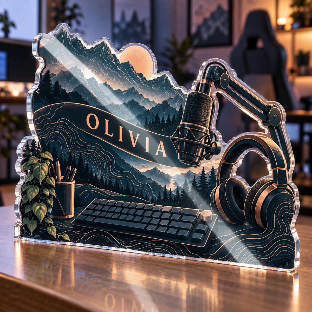 Artwork visualization: Topographic workspace — streaming backdrop, personalized OLIVIA, subject-shaped acrylic with printed optical 3D depth; not carved relief.