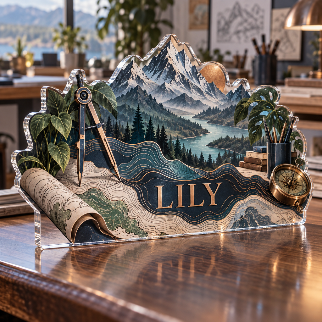 Artwork visualization: Topographic workspace — creative studio gift, personalized LILY, subject-shaped acrylic with printed optical 3D depth; not carved relief.