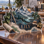 Artwork visualization: Topographic workspace — creative studio gift, personalized LILY, subject-shaped acrylic with printed optical 3D depth; not carved relief.